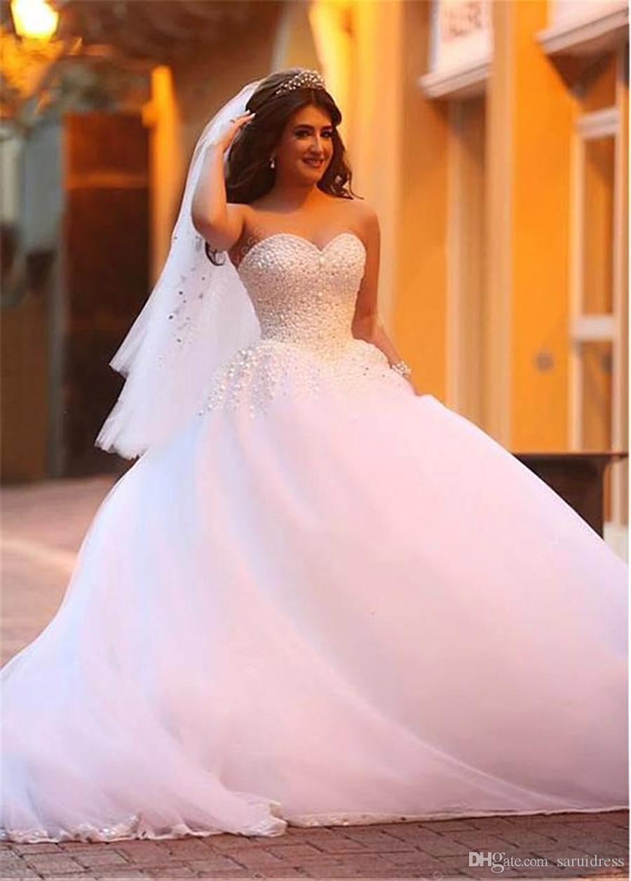 Ball Gown Beaded Wedding Dresses Pearls Sweetheart Necke Tulle Or Length Custom Made Plus Size Corset Back Vestido De Novia