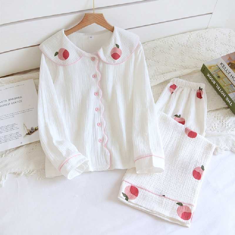 Doll Collar Spring Women Cute Cartoon Peach Print Pajamas Set 100% Gauze Cotton Full-Sleeve 2Pcs Sleepwear Casual Wear 210924