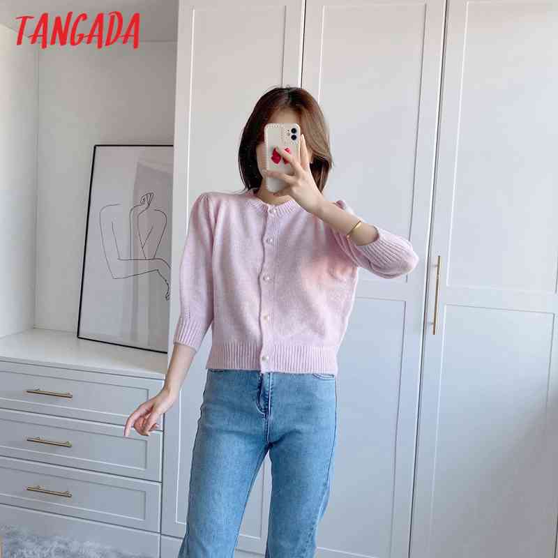 Women Pearl Buttons Pink Short Style Vintage Jumper Lady Fashion Knitted Cardigan Coat 3N20 210416