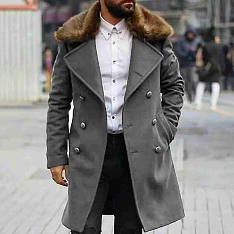 Men's Wool & Blends Men Trench Coat Long Jacket Fleece Outwear Formal Office Work Casual Peacoat