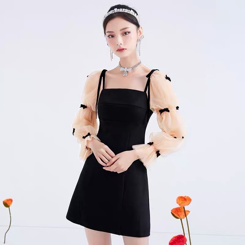 arrival fashon black patchw mesh flare long sleeve bow appliques mini bodycon dress for women casual party night club 210421