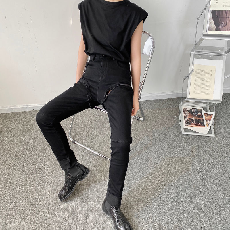 IEFB Spring Niche Dark Personality Thigh Zipper Deconstruction Slim Men's Black Jeans Causal Korean Denim Trousers 210524