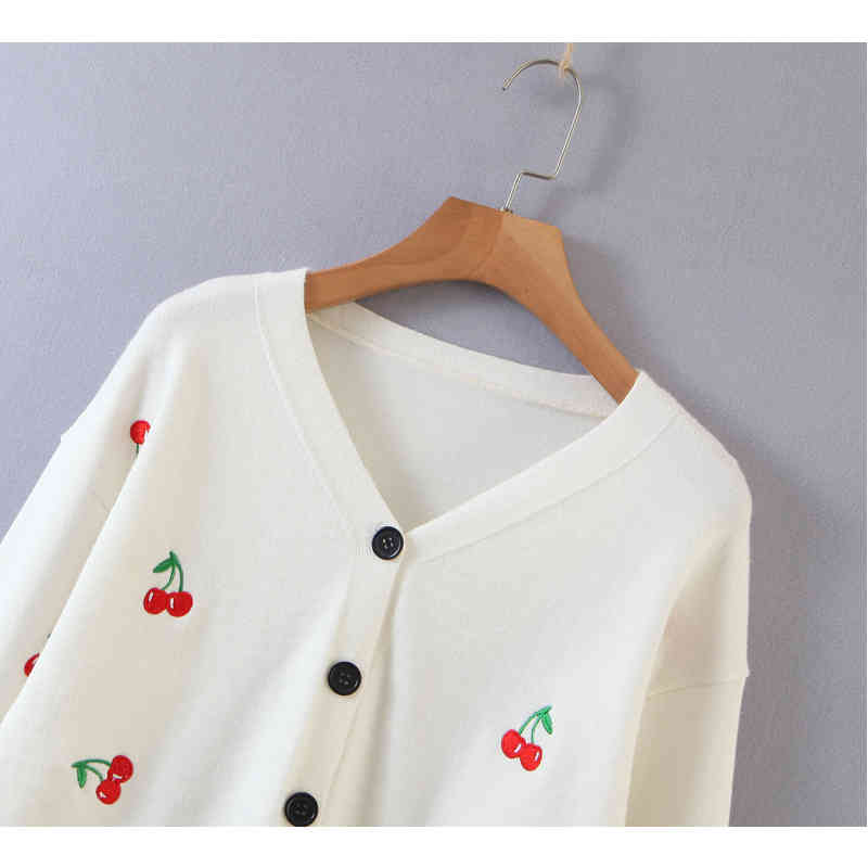 Sweet Cute Kawaii Pink Cherry Embroidery Women Autumn Knitted Cardigan Tops Chic V-neck Single-breasted Sweaters 210514