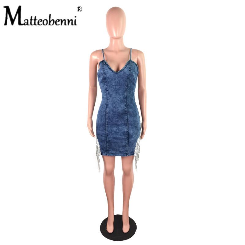 Sexy Stretch Denim Short Dress Ladies Deep V-Neck Lace Up Strap Bodycon Dresses Women Sparkly Silver Sequin Fringe Casual