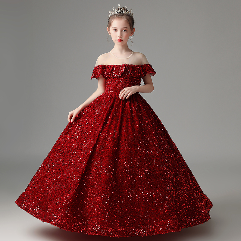 Eye Catching Burgundy Spakling Sequins Flower's Dresses Sheer Neckline Floor Length Ball Gown Girl's Party Dress
