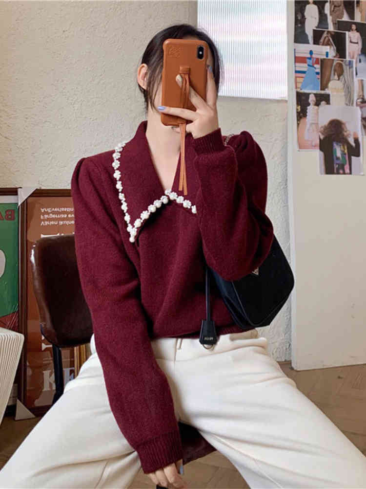 Vintage Sweater Women Sweet Peter Pan Collar Beading Office Lady Korean Fashion Elegant Casual Long Sleeve Chic Knitted Sweaters 210519