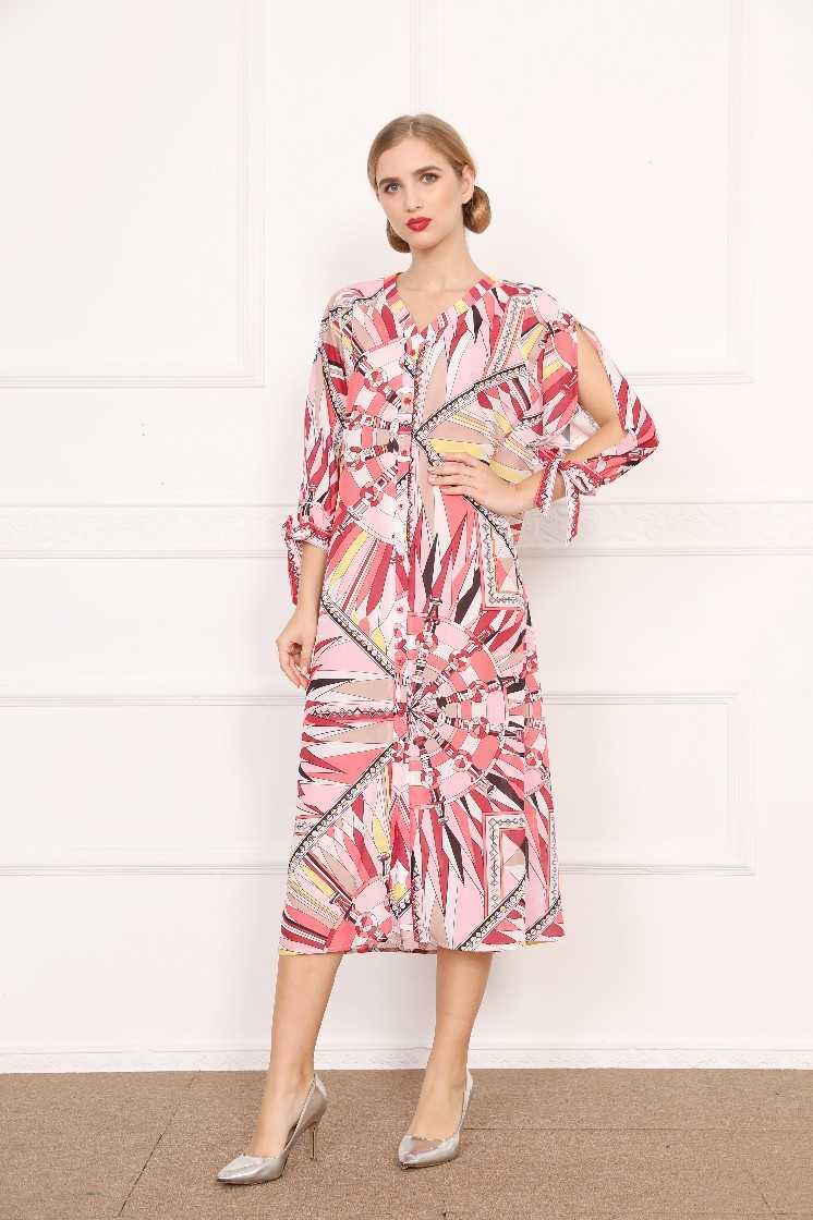 Printed V Neck Full Cuff Hip Print Mid Calf Dress for Women 210615Z