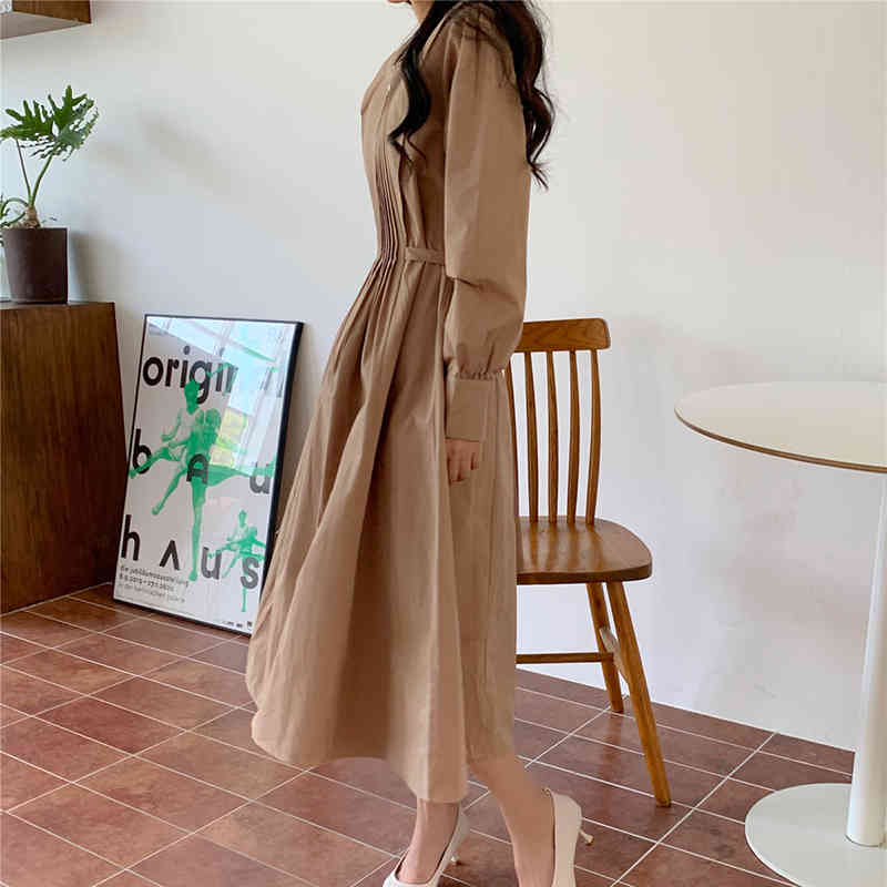 QOERLIN Minimalist Korean Retro Temperament Square Collar Long Sleeve Pleated LaceUp High Waist Dress Office Elegant Maxi Dress 210412