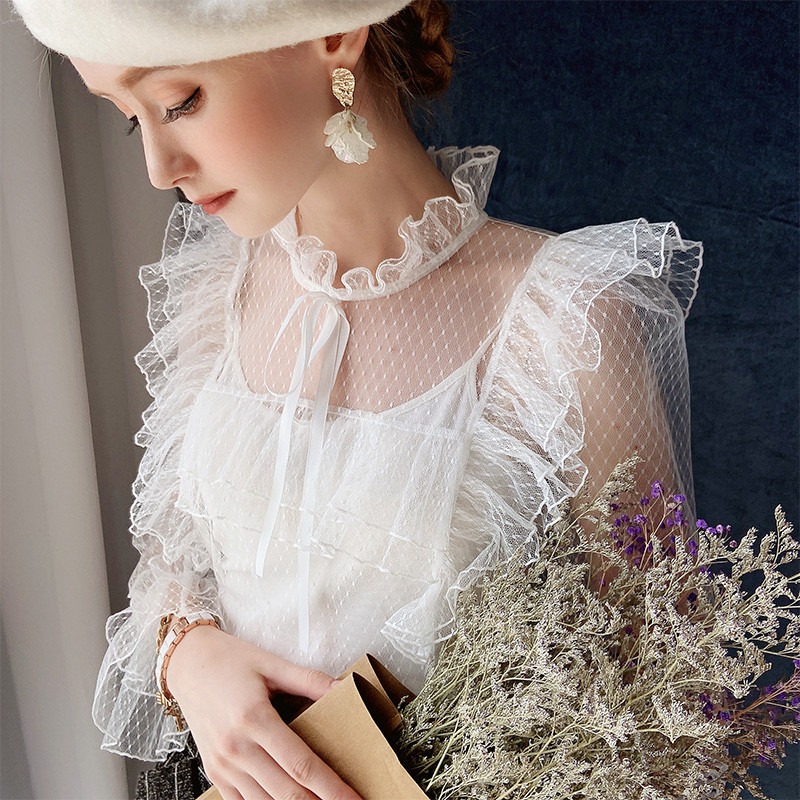 Dabuwawa Autumn Sexy Mesh Blouse Women Ruffle Long Sleeve Bow Neck Sweet Solid Shirts Tops Female Slim Fit DT1CST026 210520