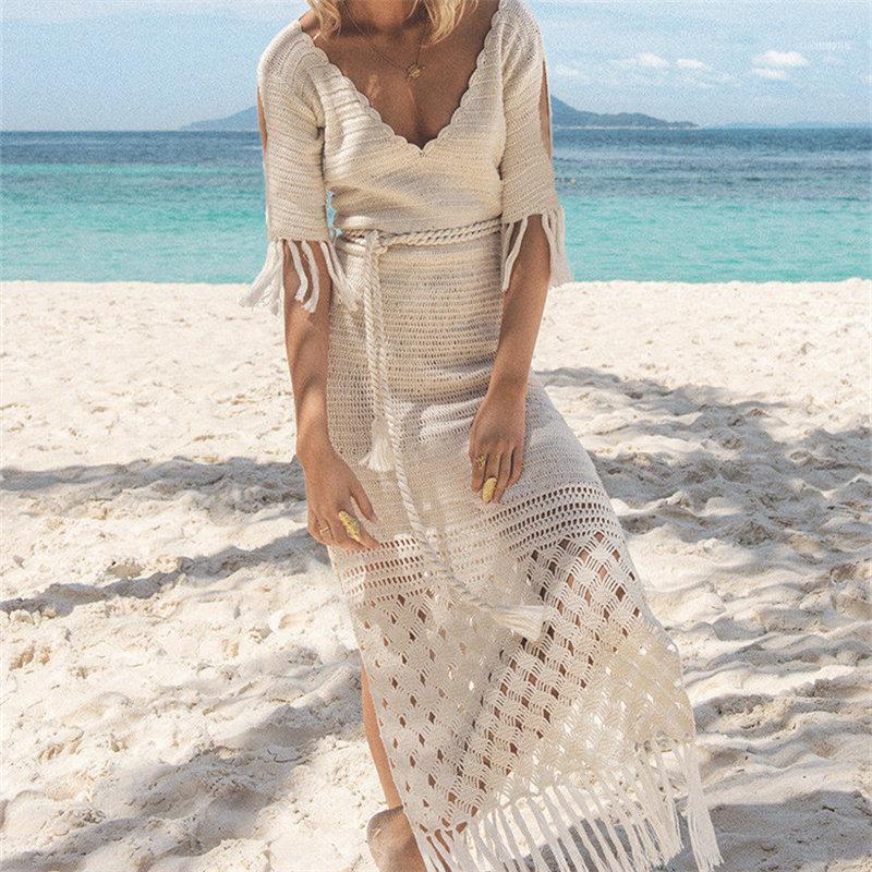 Sexy Hollow Out Fringed Deep V-Neck Cold Shoulder Side Split Summer Beach Dress Crochet Tunic Women Beachwear Cover-up N7801, White
Sexy Hollow Out Fringed Deep V-Neck Cold Shoulder Side Split Summer Beach Dress Crochet Tunic Women Beachwear Cover-up N7801, White