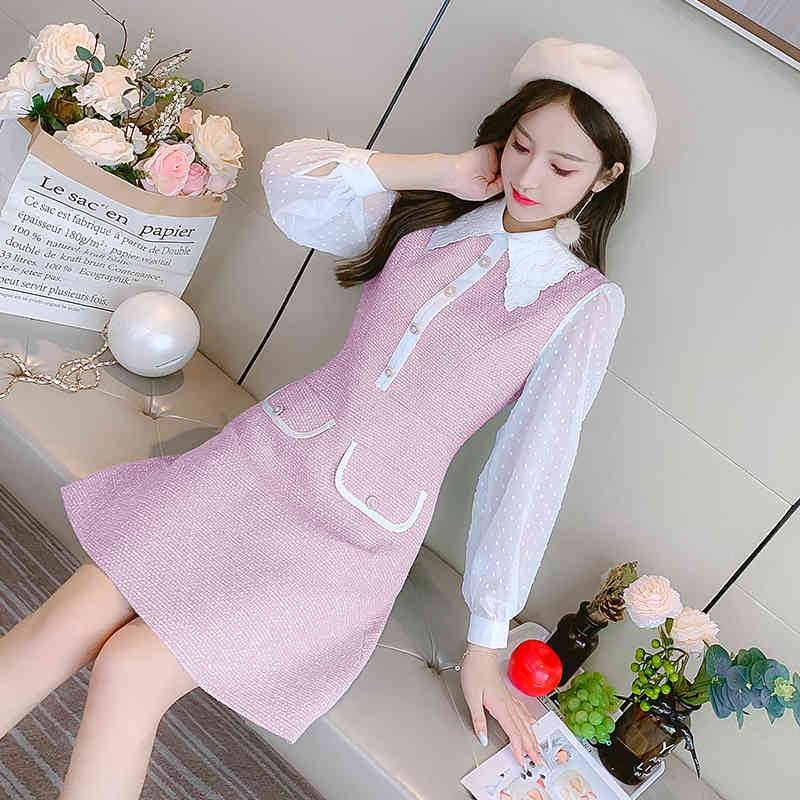Women Autumn And Winter Blue Chiffon Patchwork Tweed Woolen Dresses Ladies Embroidery Turndown Collar Chic Vestidos 210520