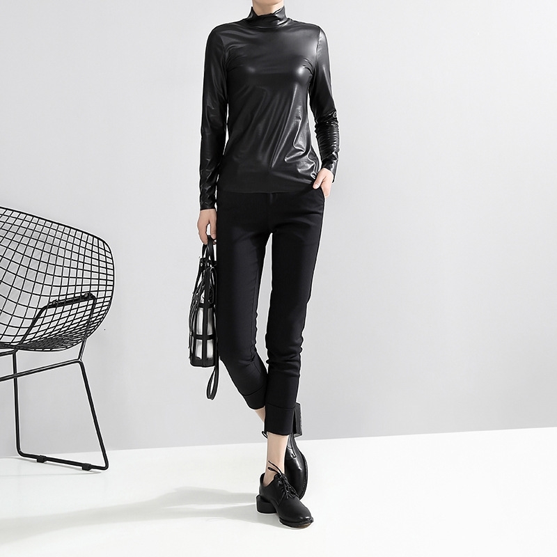 EAM Women Black Brief Pu Leather Temperament Tshirt Stand Collar Long Sleeve Fashion Spring Autumn JY93301 210406