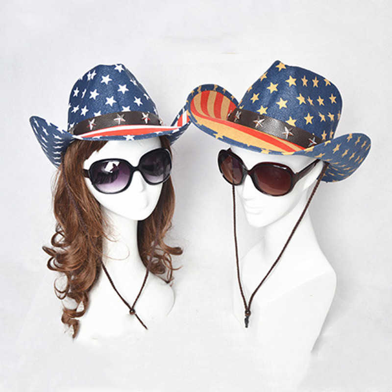 Summer Usa Flag Straw Cowboy Hats for Men and Women Western Sombrero Hombre Cowboy Caps with American Flag Sombreros De Mujer Q0805