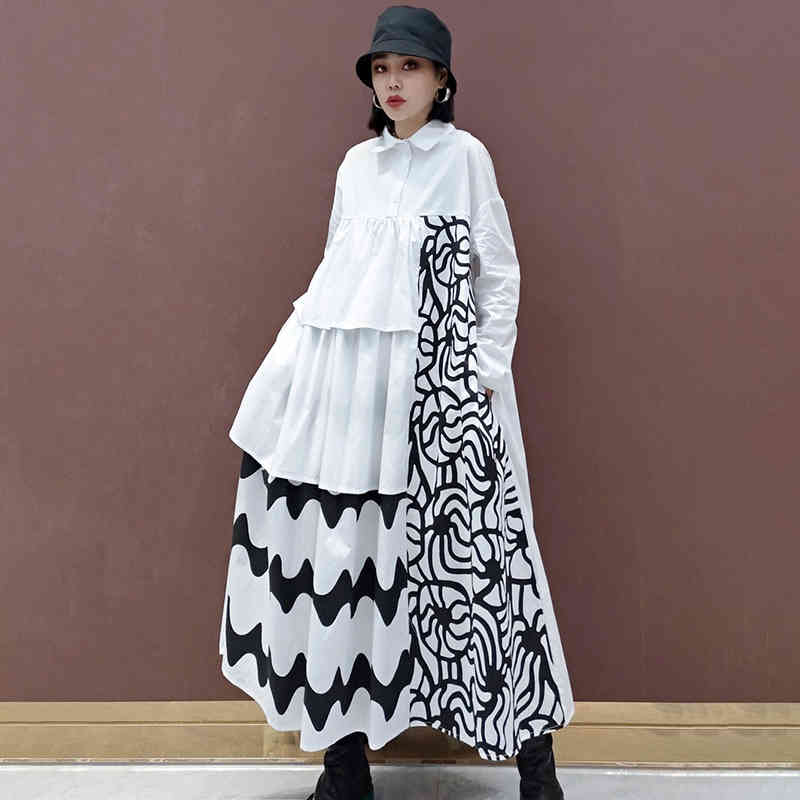 SHENGPLLAE Personality Printed Dress Women's Spring Lapel Three Button Large Size Long Sleeve Mid-calf Dresses 5B806 210427