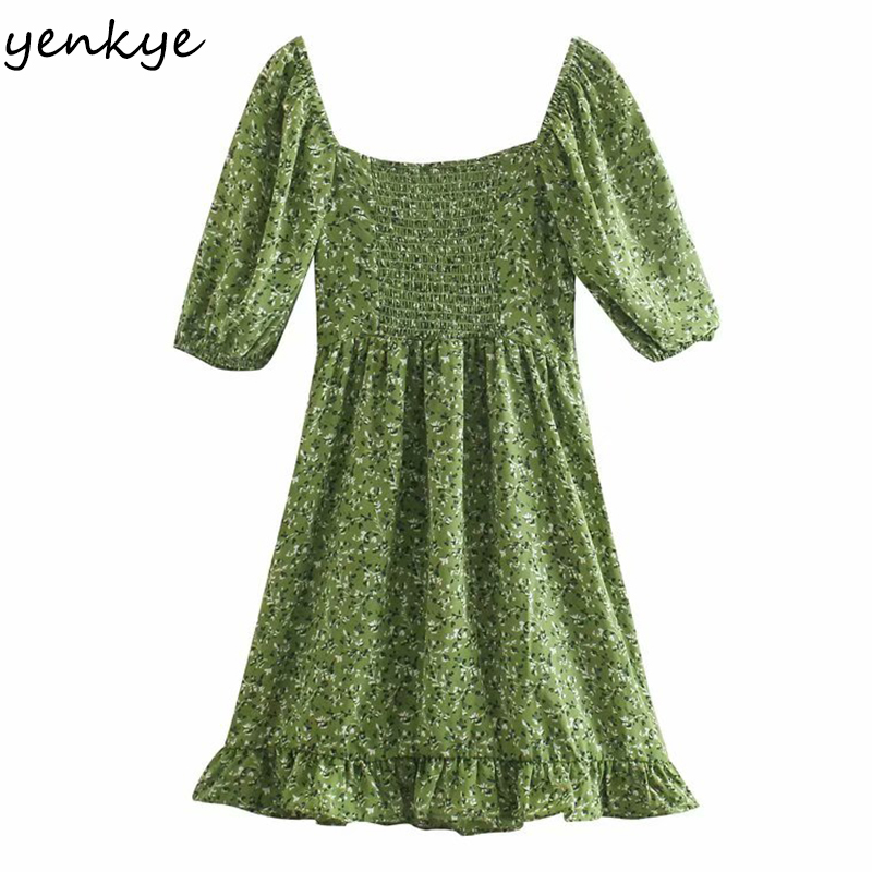 YENKYE Green Floral Print Dress Women Sexy Square Neck Puff Sleeve A-line Short Dress Female Holiday Summer Vestido 210515
