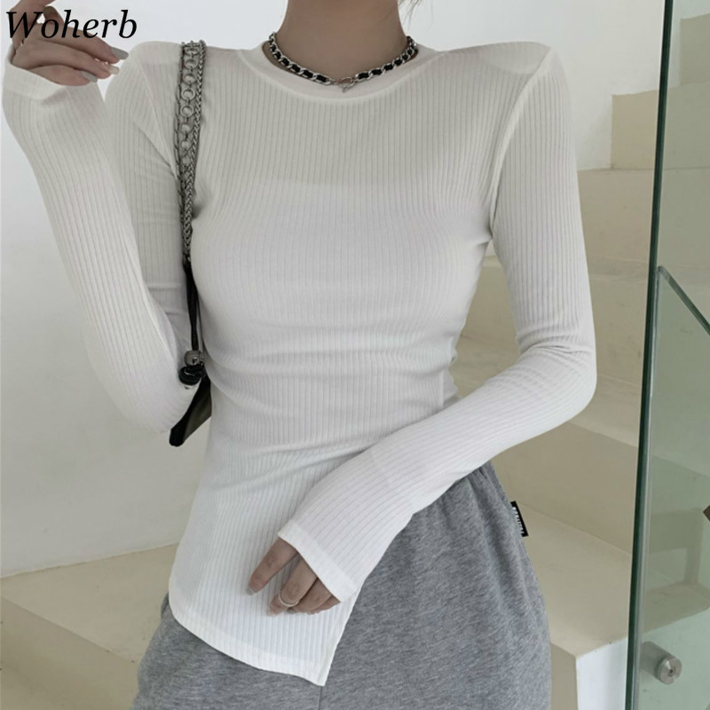 Blusas Mujer Spring White Knitted Long-sleeved Sweater Basic Shirt Women O Neck Irregular Split Slim Fit All-match Tops 210422