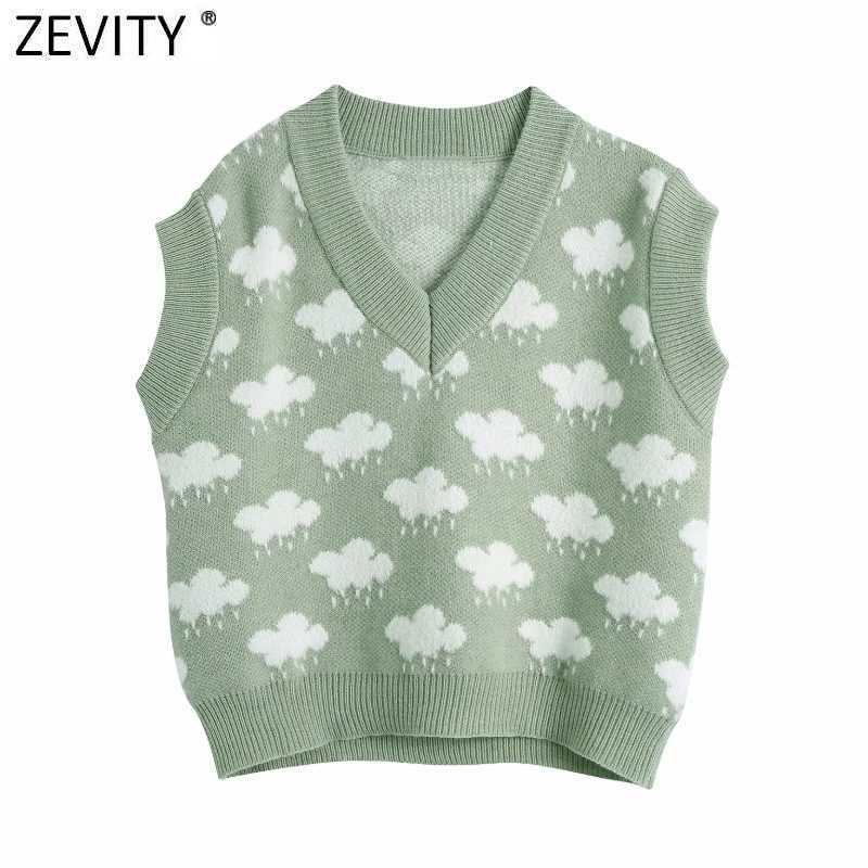 Zevity Women Fashion V Neck Cloud Pattern Knitting Sweater Female Sleeveless Casual Slim Vest Chic Leisure Pullovers Tops S669 210918
