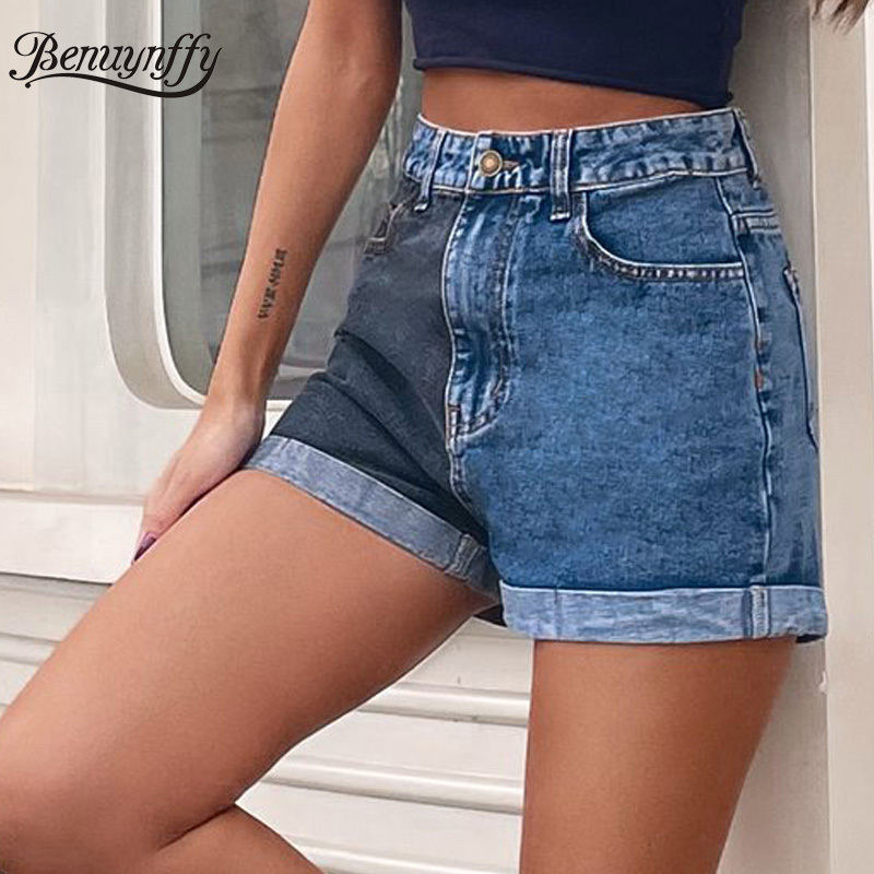 Button Fly Rolled Hem Patchwork Denim Shorts Women Summer Casual Fashion Streetwear Pocket Ladies High Waist 210510