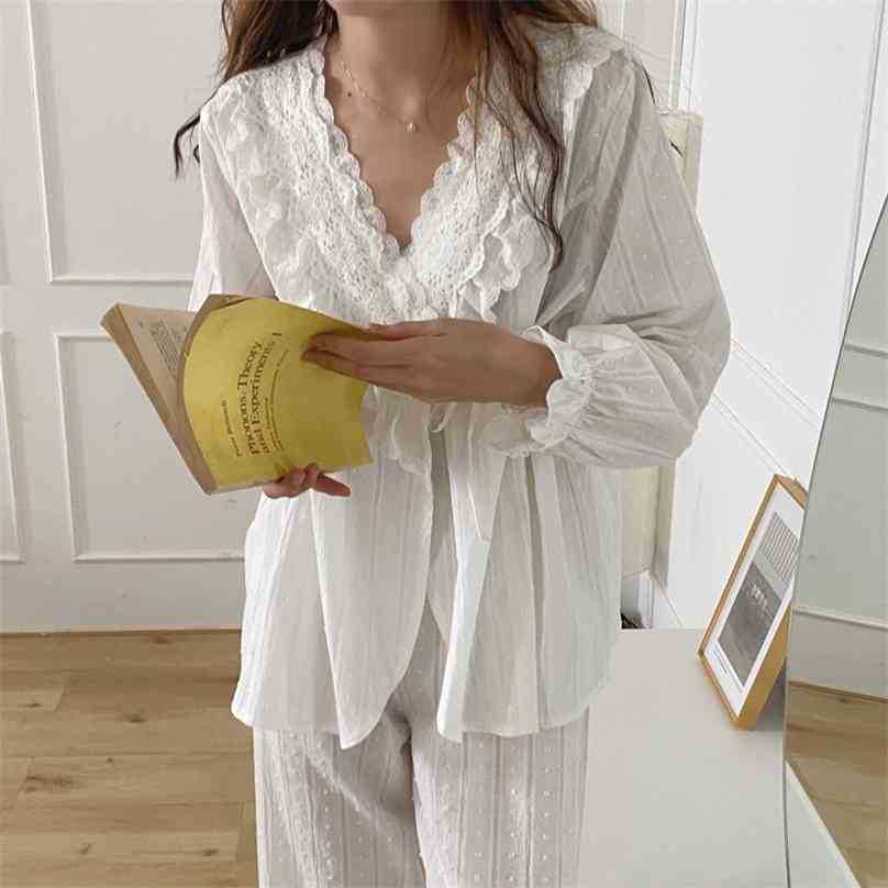 Korean Autumn Lace Elegant Pure Color Cotton Pajamas Women Sweet Set Home Clothes 210525, White
Korean Autumn Lace Elegant Pure Color Cotton Pajamas Women Sweet Set Home Clothes 210525, White