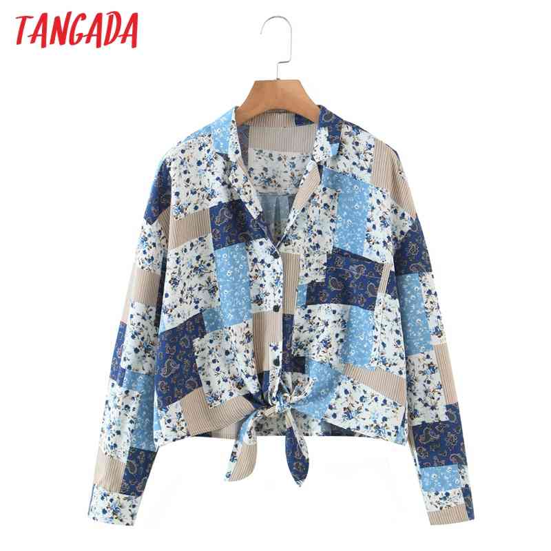 Women Vintage Flowers Print Bow Crop Chiffon Long Sleeve Chic Female Casual Loose Shirt QW63 210416