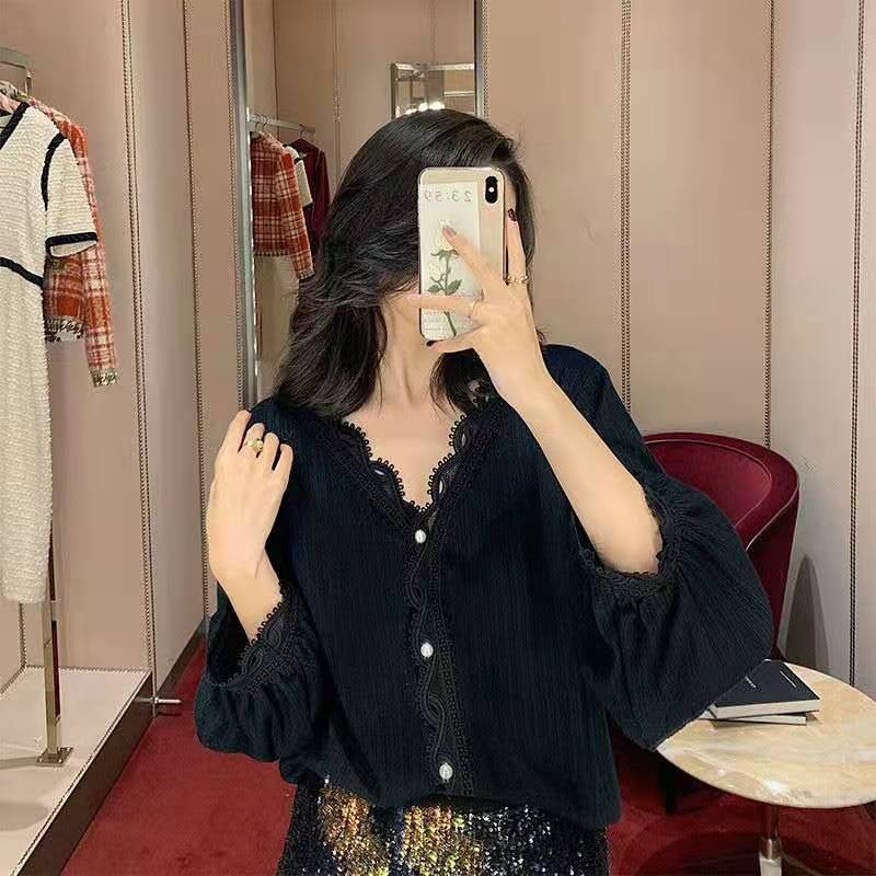 Arrival Spring/autumn Women Casual Long Sleeve V-neck Blouse Sweet Cute Single Breasted Lace Patchwork Shirts B183 210512