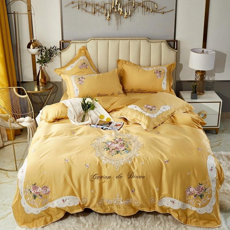 Premium Egyptian Cotton Floral Embroidery Bedding Set Yellow Grey Vintage Duvet Cover Bed Sheet Pillowcases Queen King Size 4Pcs Sets