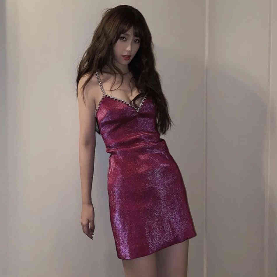 Free Sexy Spaghetti Diamond Strap Mini Dress Women's V-neck Sleeveless Bodycon Halter Club Night Party Vestido 210524