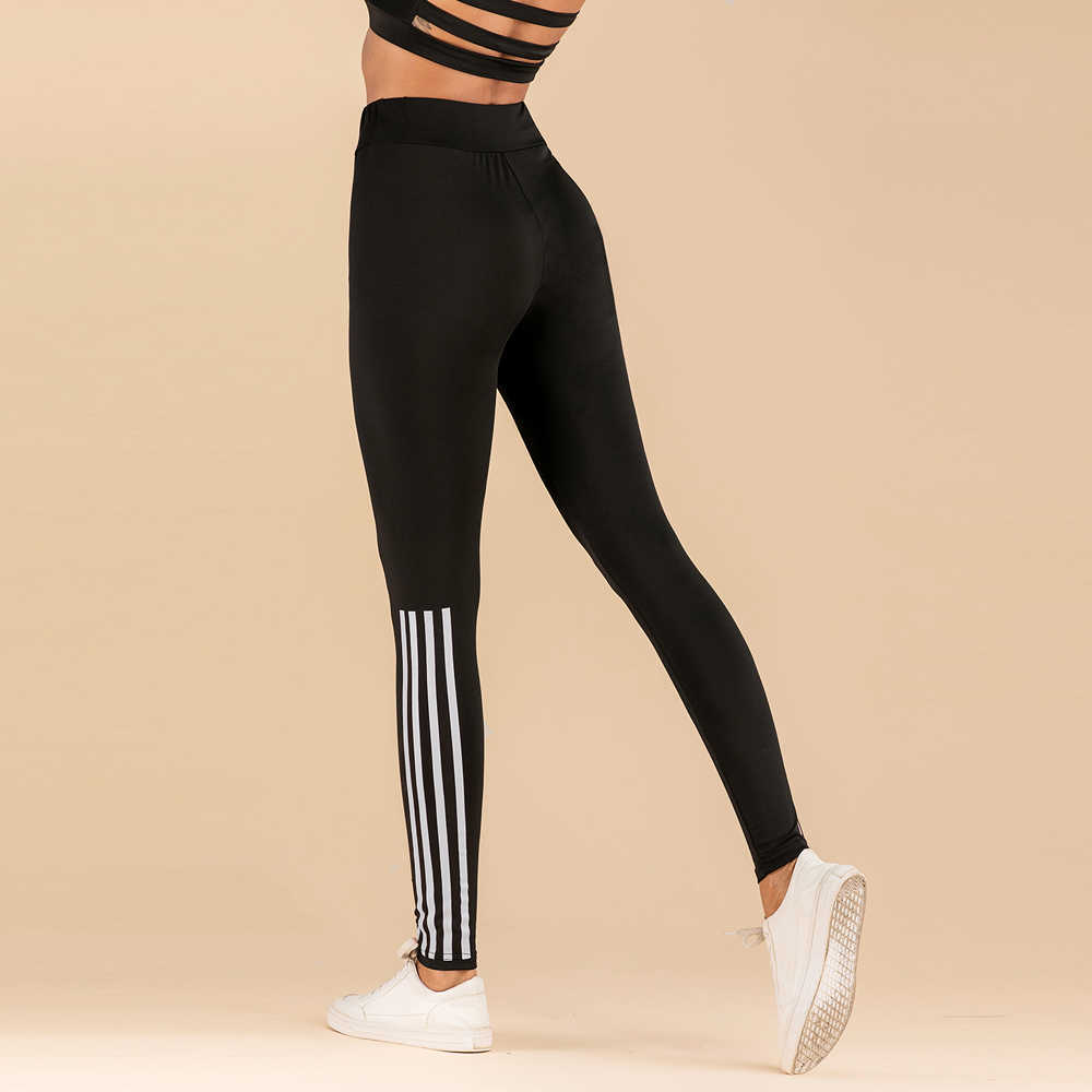 WITHZZ Stretch Fashion Pull Strip Printed High Waist Sportleggings Women Workout Leggings 211014