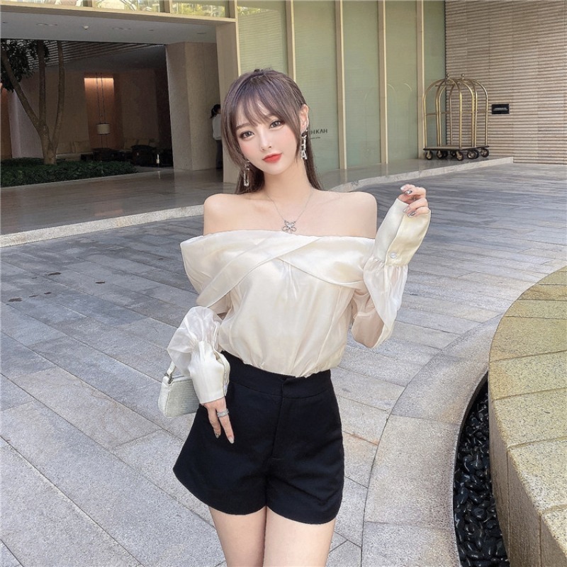 Slash Neck Long Sleeve Shirt Women Elegant Off Shoulder Korean Chic Blouse See Through All-match Tops Blusas Mujer 210519