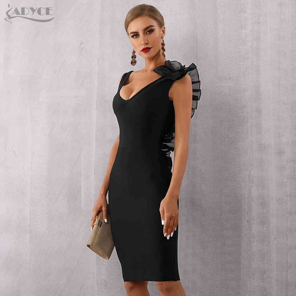 Summer Black Bodycon Bandage Dress Women Sexy VNeck Ruffles Mesh Backless Vestidos Celebrity Evening Party 210423
