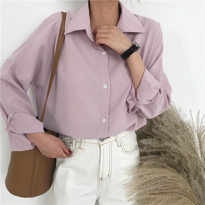 All-Match Solid Chic Casual Stylish Basic Gentle Loose Office Lady Vintage Shirts Full Sleeves High Quality Women 210421