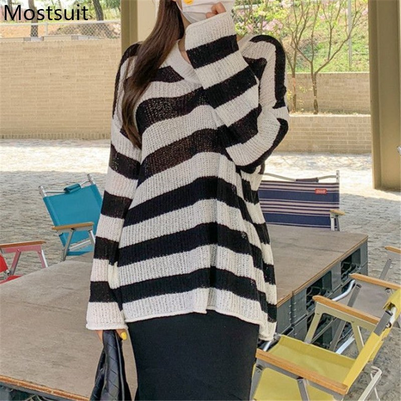 Striped Knitted Sunscreen Pullover Knitwear Women Summer Full Sleeve V-neck Loose Thin Tops Sweater Korean Fashion Jumpers 210514