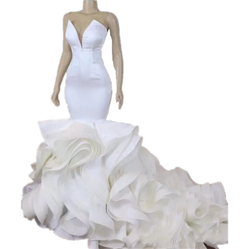 Modern Cascading Ruffles Mermaid Wedding Dresses For Bride 2022 Strapless Sleeveless Trumpet Long Satin Bridal Gowns White Wedding Dress Robe de Maria