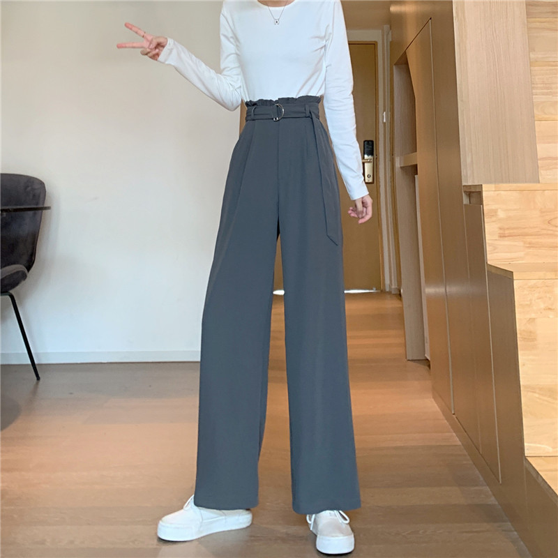 Nomikuma Autumn New Korean Suit Pants Belt High Waist Long Women Trousers Causal Solid Wide Leg Pants Feminimos 6C113 210427