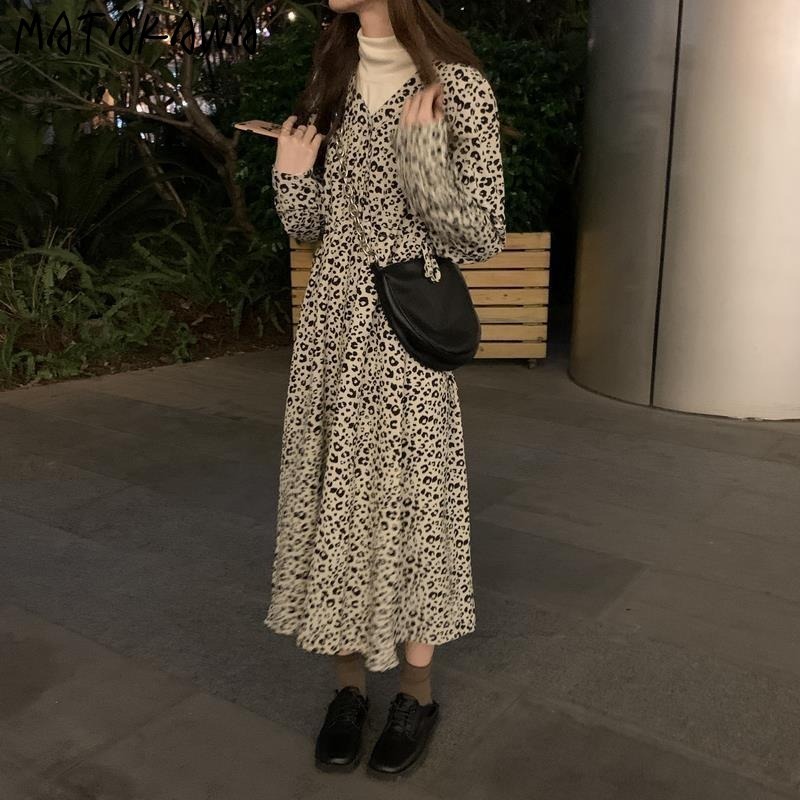 MATAKAWA Hepburn style puff sleeve dress French slim waist femme robe leopard print floral bottoming temperament vestido 210513