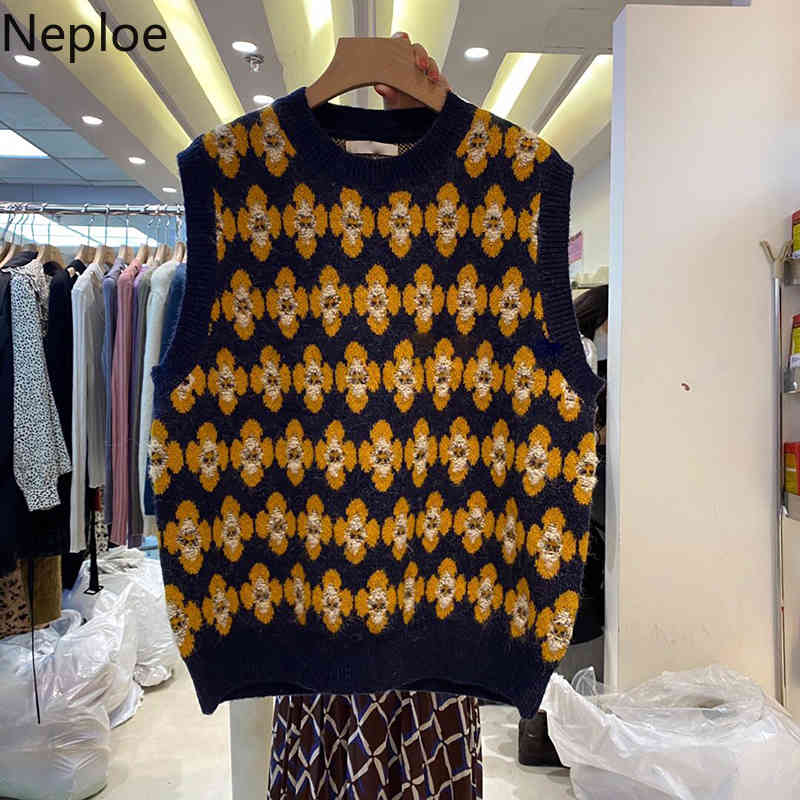 Neploe Korean Fashion Sweater Vest Ropa Mujer Vintage Floral Plaid Knitted Pullovers Tops O-neck Seeveless Loose Jumper Tank 210422