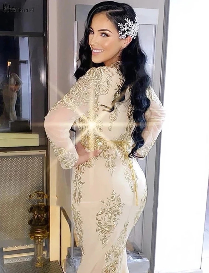Formal Champagne Evening Mermaid Dresses 2022 Long Sleeves High Slit Caftan Marocain Embroidered Lace Arabic Prom Gowns Vestidos De Fiesta