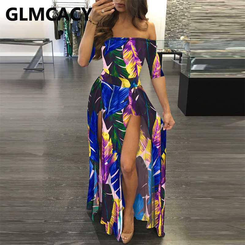 Short Sleeve Off Shoulder Tropical Printed Dress High Slit Beach Party Maxi Dress 210702