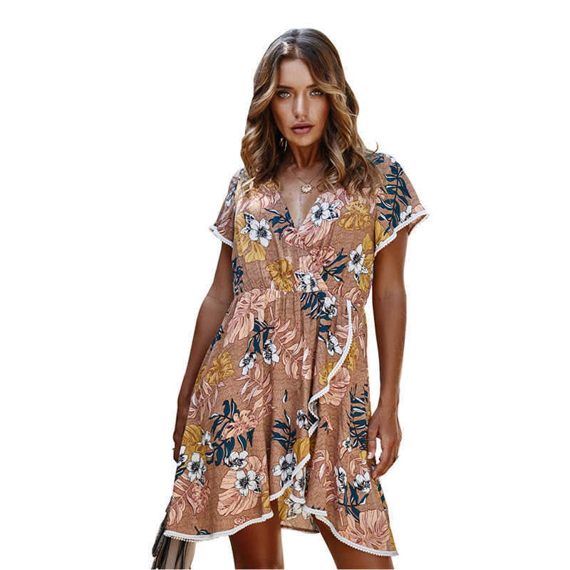 Boho Floral Print Summer Dress Women Sexy V Neck Short Sleeve Ruffle Beach Lace Decor A Line Midi Sundress Robe Femme 210526