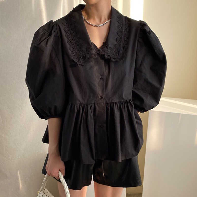 Korejpaa Women Shirt Summer Korean Chic All-Match Doll Collar Lace Stitch Single-Breasted Pleated Loose Puff Sleeve Blouses 210526