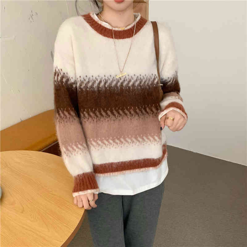 2 colors korean style loose Patchwork knitted warm sweaters womens and pullovers (C9940 210508