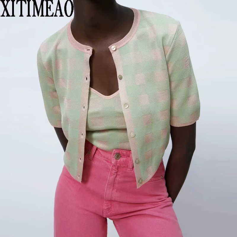 ZA Women Fashion Plaid Printing Knitted Cardigan Vintage Short Sleeve Sweater+Knitted Chest strap Top 2-piece Set XITIMEAO 210602, Halter
ZA Women Fashion Plaid Printing Knitted Cardigan Vintage Short Sleeve Sweater+Knitted Chest strap Top 2-piece Set XITIMEAO 210602, Halter