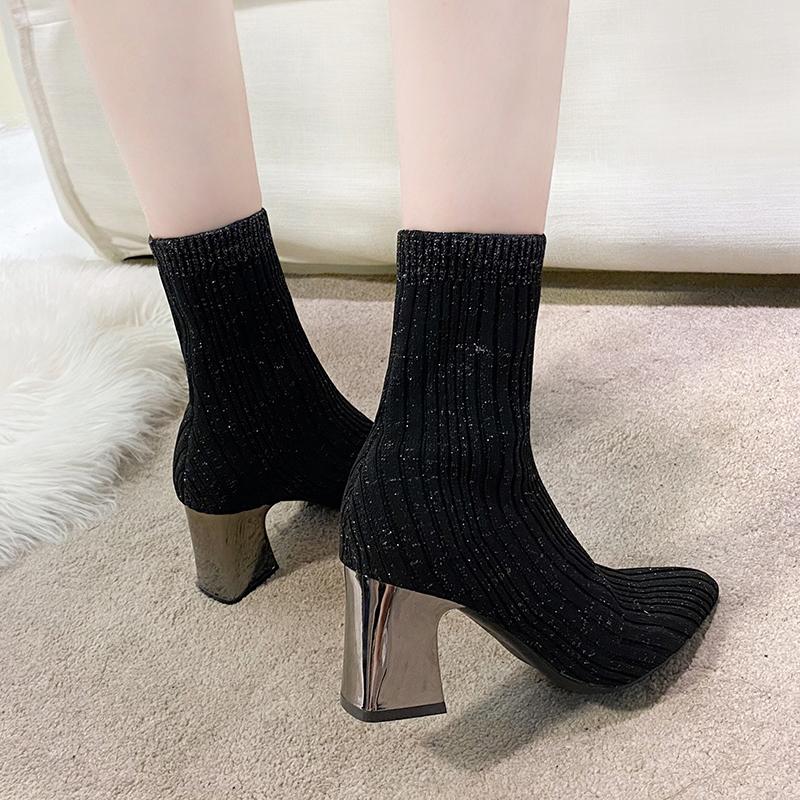 Boots 2021 Metal Color 7cm Square Heels Socks Women Stretch Fabric Elastic Pointed Toe Shoes Ankle Boot Woman