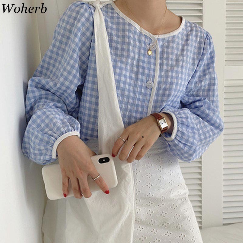 Women Plaid Shirt Long Sleeve Crew Neck Single Breasted Loose Female Tops Harajuku Cute Blouses Casual Korean Chic Blusas 210519