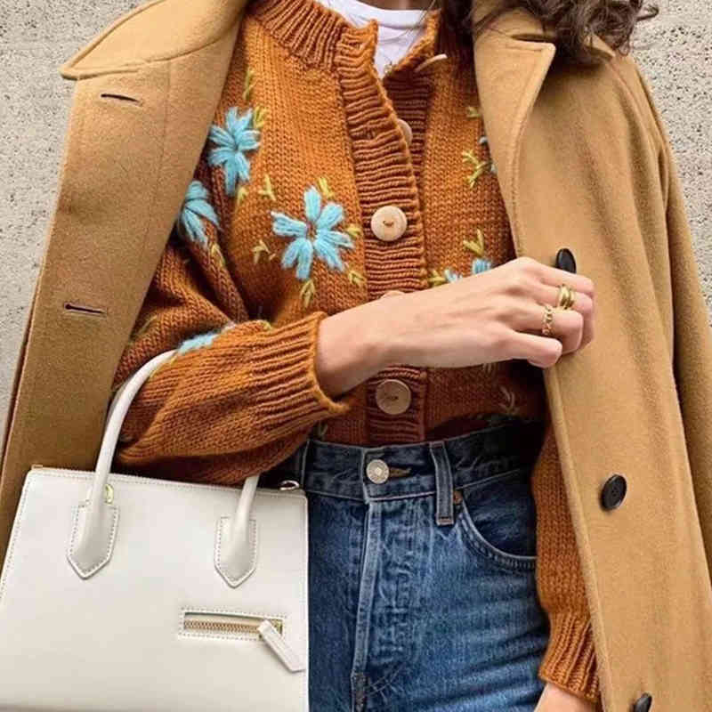 Foridol floral embriodery cardigan women autumn winter knitted casual chic sweater cardigans vintage french cardigan 210415