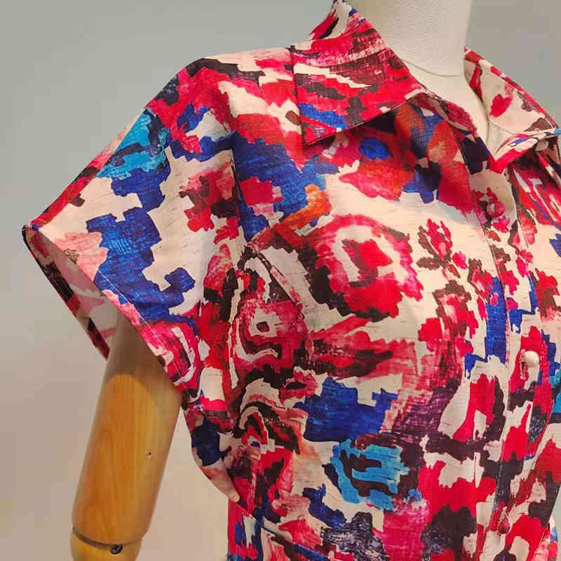 Casual Print Jumpsuit For Women Lapel Short Sleeve High Waist Lace Up Wide Leg Pants Loose Hit Color Jumpsuits 210521