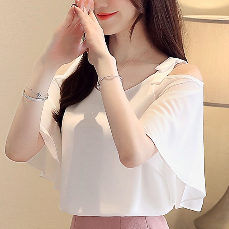 Blusas Mujer De Moda Ladies Tops For Off Shoulder Top Women White Chiffon Blouse Shirts Short 4386 50 210415