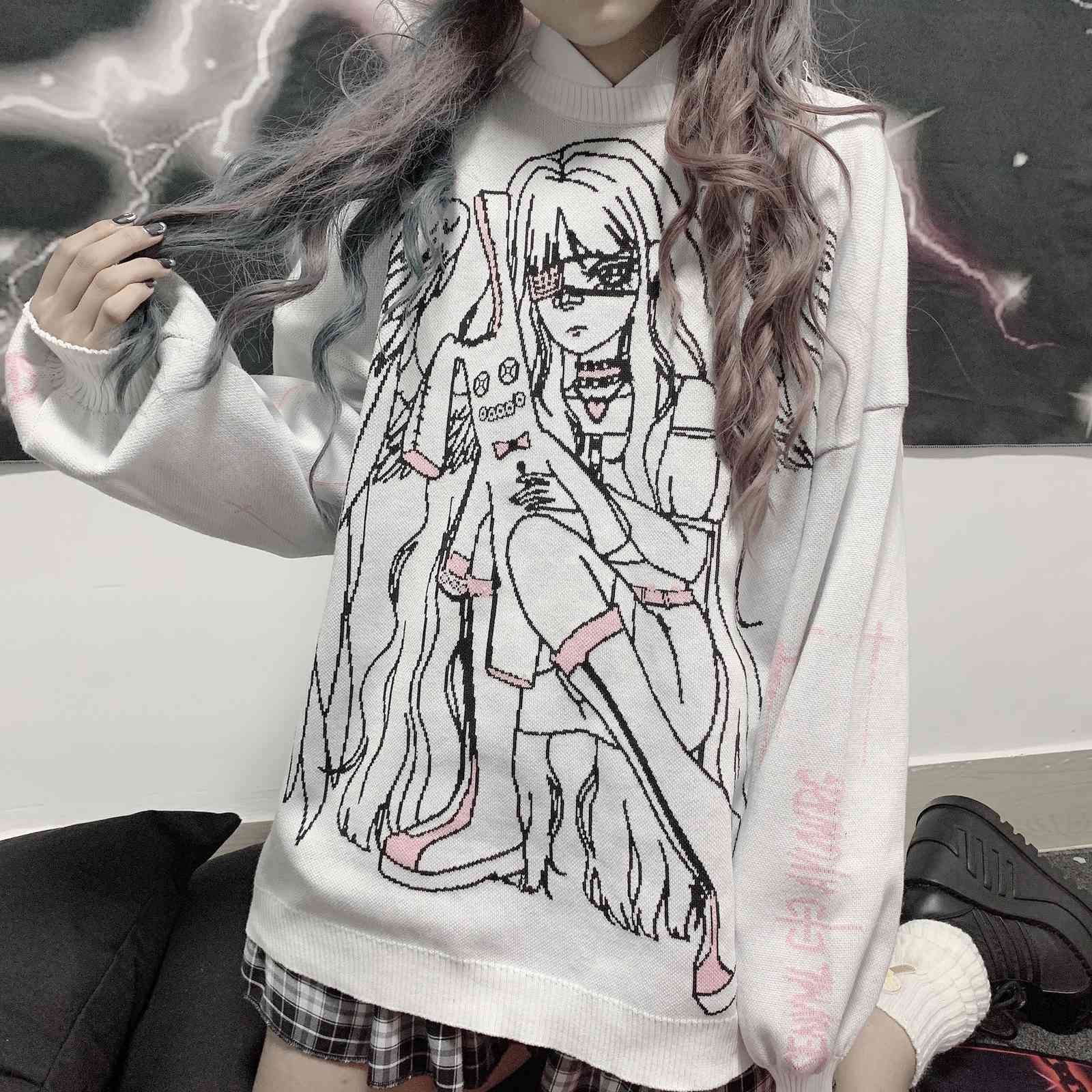 Harajuku Cartoon Sweater Women Loose Knitted Pullover Sweaters Streetwear Jumpers Kawaii Top Pull Femme 210422