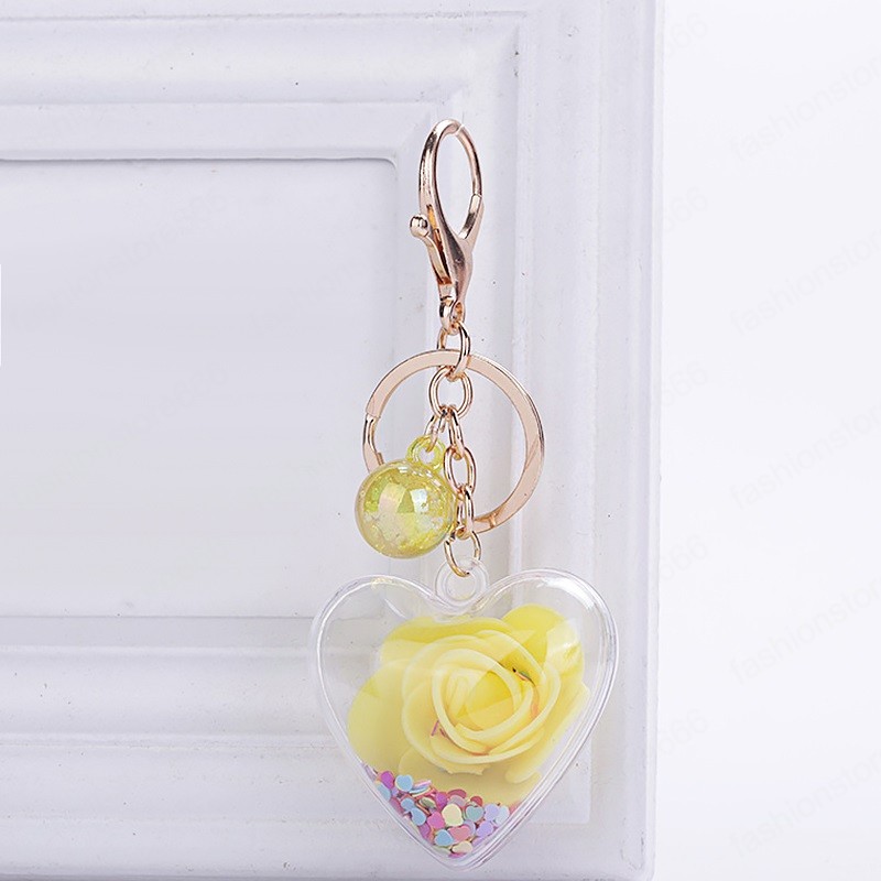 Fashion Heart Sequins Glitter Rose Keychain Pendant Transparent Plastic Eternal Flower Key Chain Women Car Handbag Keyring