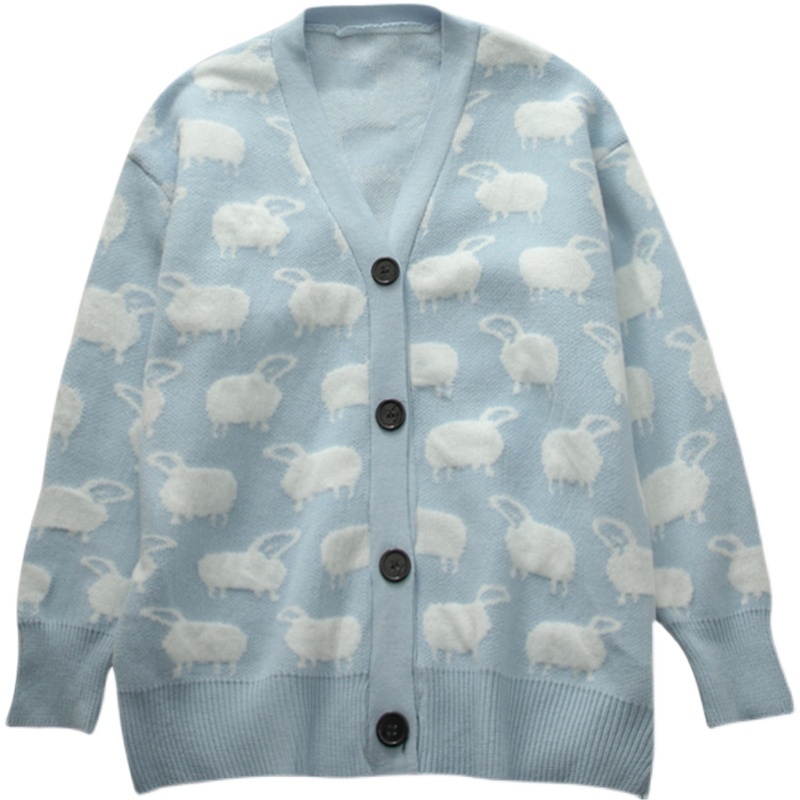 Kimutomo Cute Cartoon Sheep Knitted Cardigans Girls V-neck Long Sleeve Single Breasted Sweater Outwear Casual Spring Thin 210521
